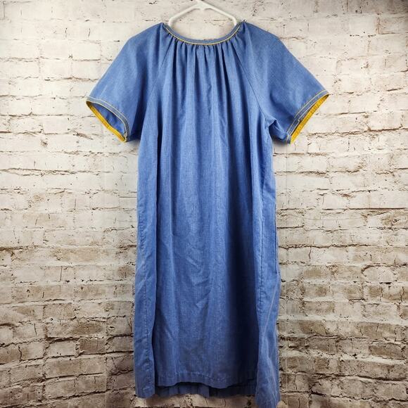 Vintage Vanity Fair House Dress Robe Blue Snap Button Medium Embroidered Pockets - Picture 5 of 10